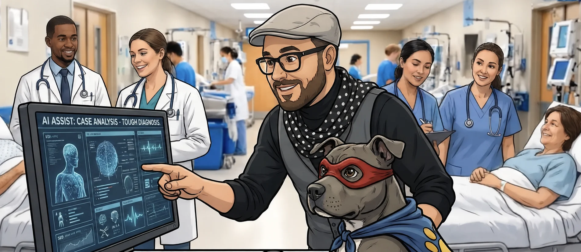 Illustration du Dr Hassan Bencheqroun avec Enzo, responsable du moral de Medical AI Academy, dans une unité de soins intensifs
