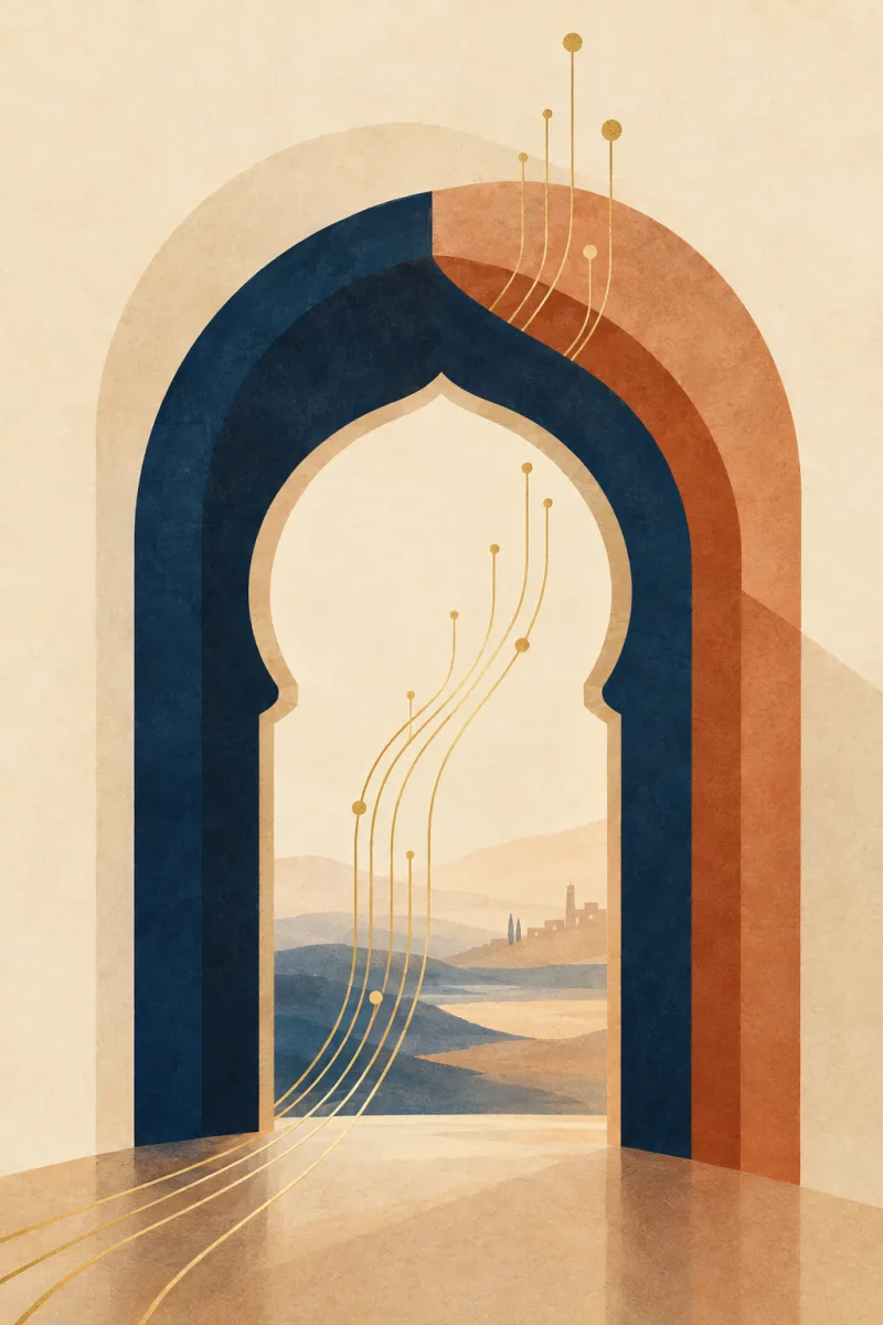 Editorial illustration of a Moroccan horseshoe archway opening to a warm landscape, with gold data lines rising through the arch, representing bridging cultures and medical intelligence.