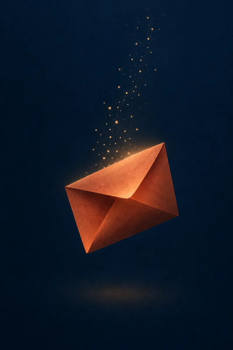Editorial illustration of a warm terracotta envelope on a deep navy field with gold particles rising like a signal being sent.
