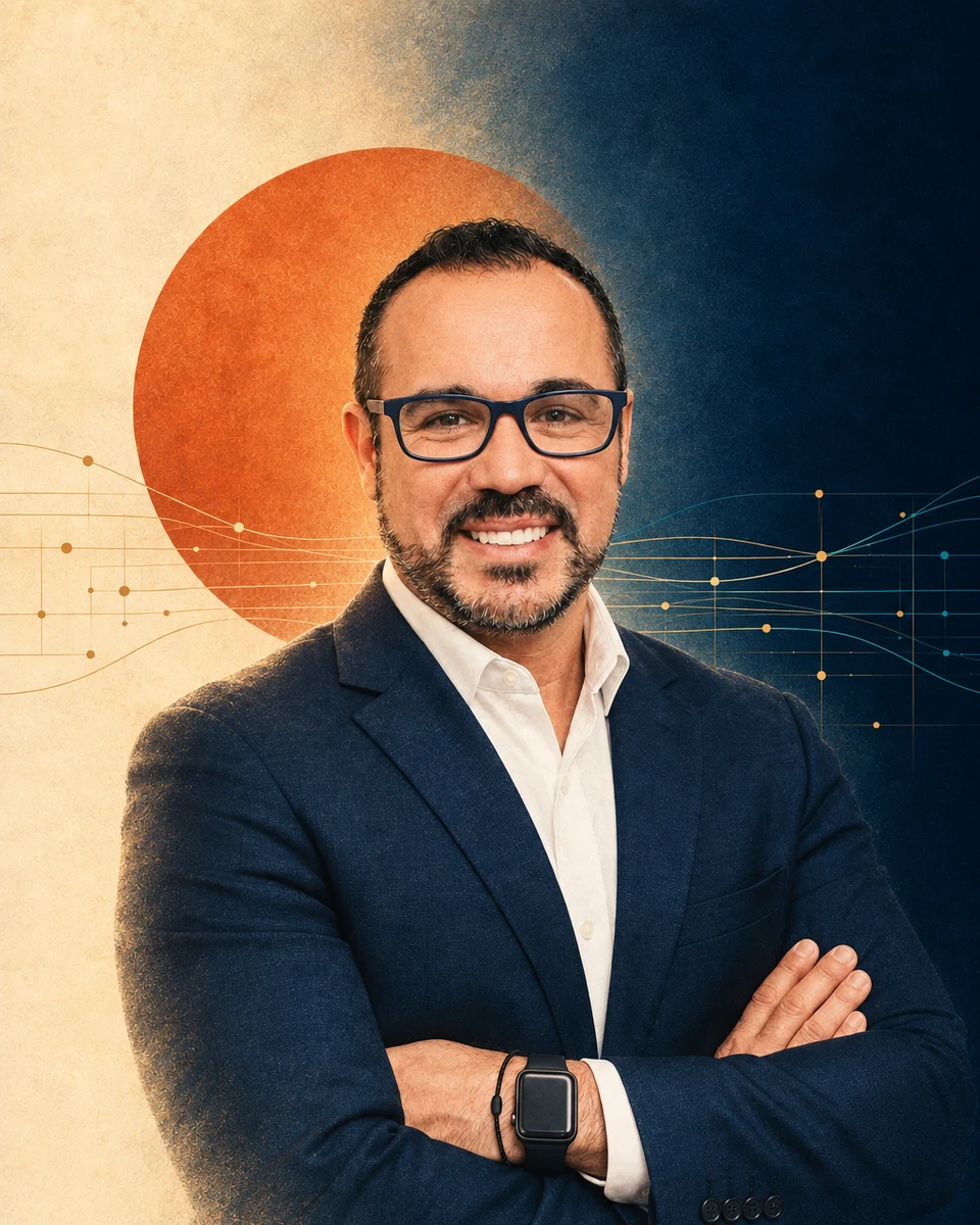 Editorial portrait of Dr. Hassan Bencheqroun in a navy blazer before a warm orange sun and flowing clinical data lines.