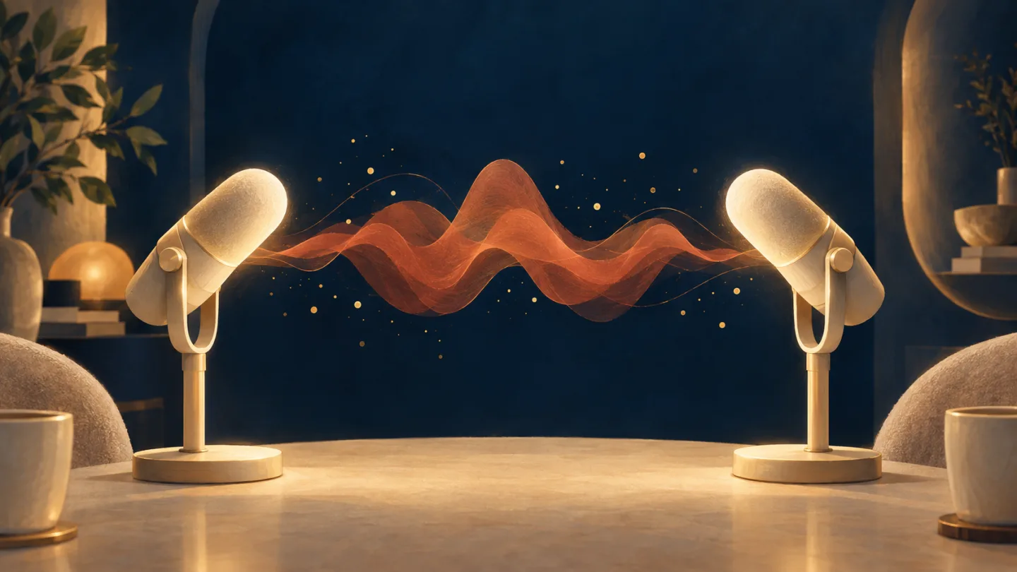 Editorial illustration of two warm studio microphones on a marble table in front of a deep navy backdrop, with a flowing terracotta soundwave and gold particles between them.