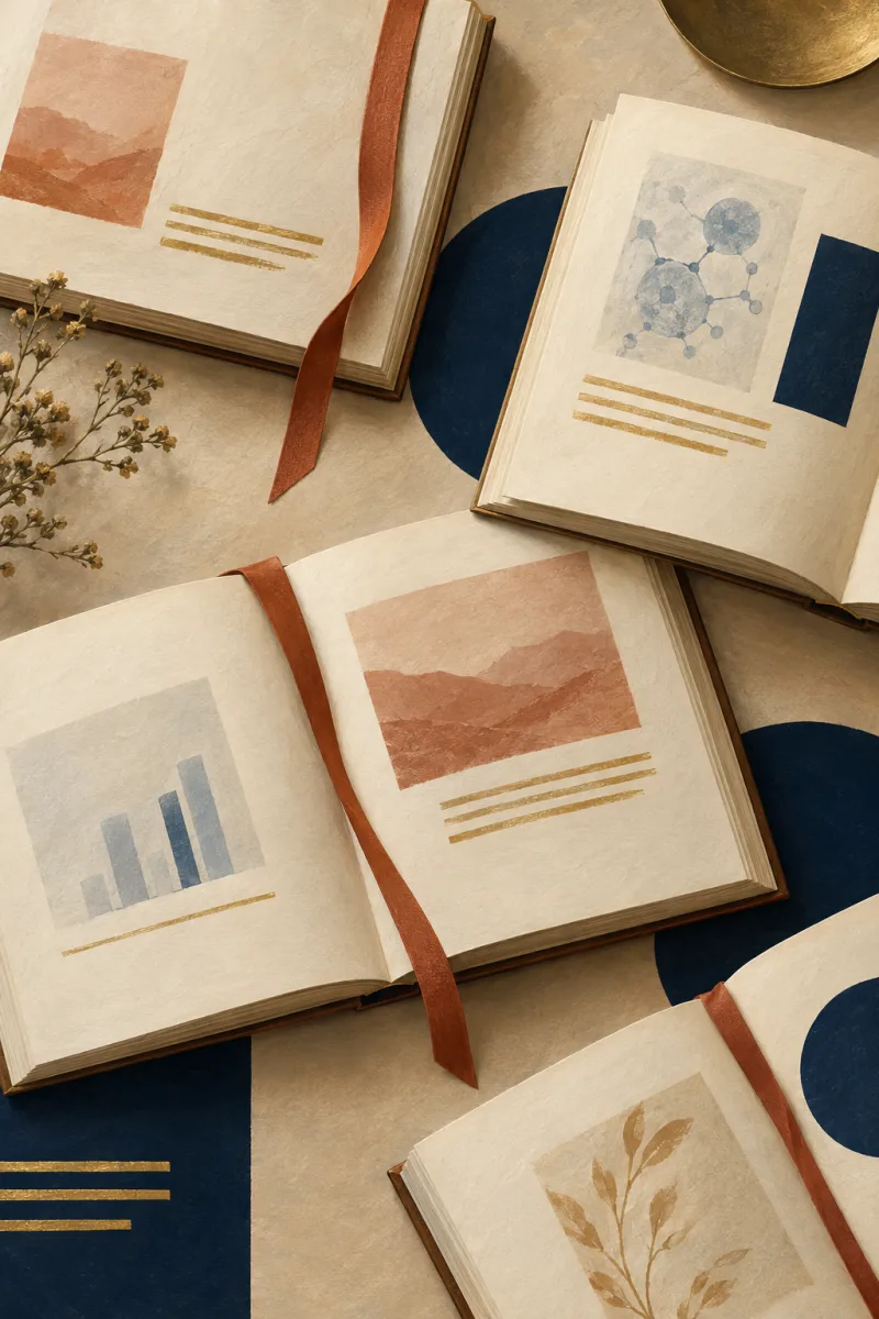 Editorial flatlay of open academic journals with terracotta ribbons, small navy and gold accents, evoking a physician's research desk.