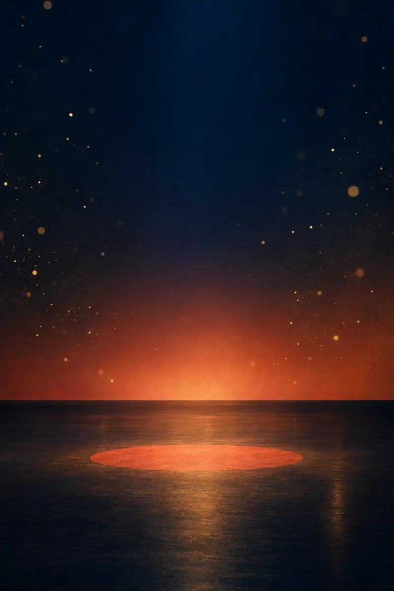 Editorial illustration of a warm TEDx-style spotlight on an empty stage with a terracotta glow and gold particles, evoking a keynote moment.