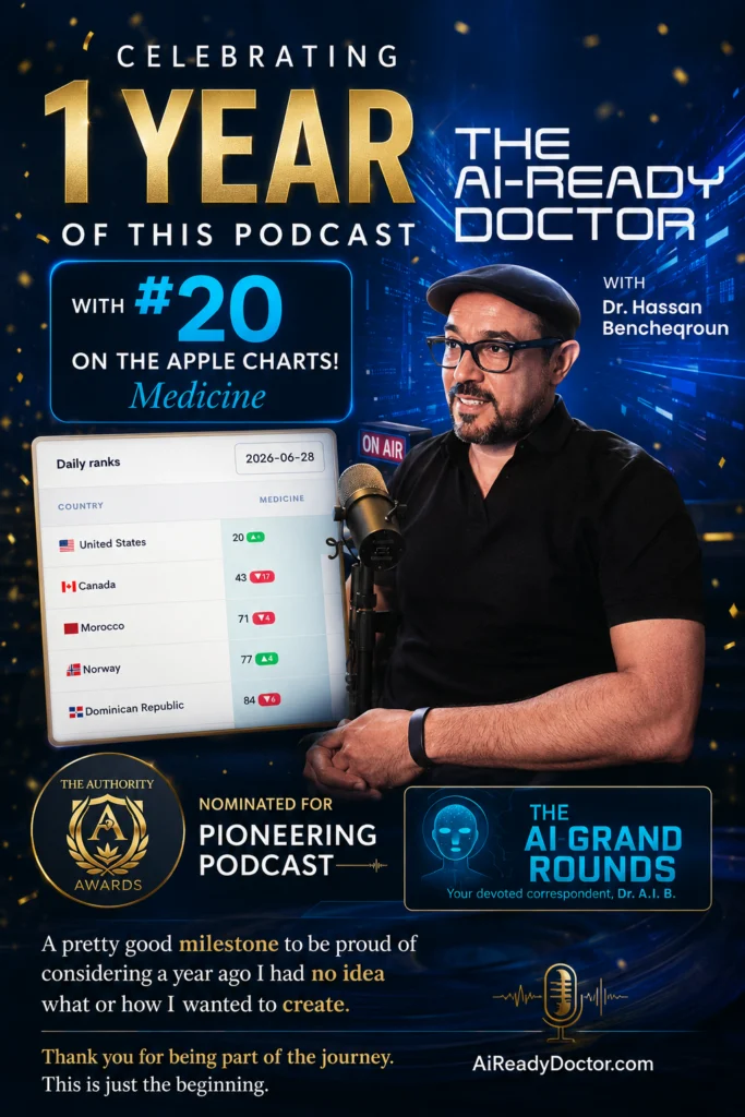 The AI-Ready Doctor podcast one-year anniversary, number 20 on the Apple Podcasts medicine chart